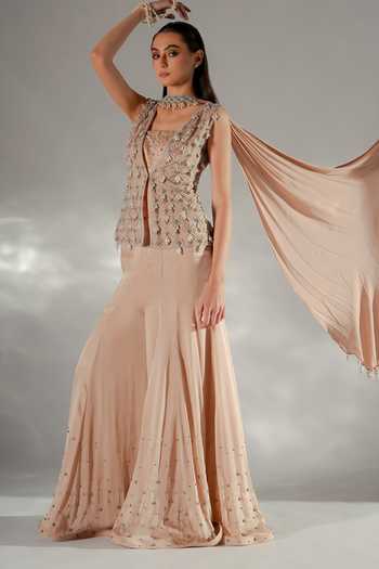 Jade By Ashima_Peach Cotton, Organza, Satin, Shantoon Crysty Embroidered Jacke Kali Sharara Set _Online_at_Aza_Fashions