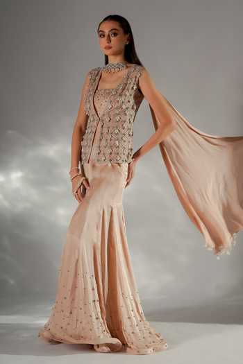 Buy_Jade By Ashima_Peach Cotton, Organza, Satin, Shantoon Crysty Embroidered Jacke Kali Sharara Set _Online_at_Aza_Fashions