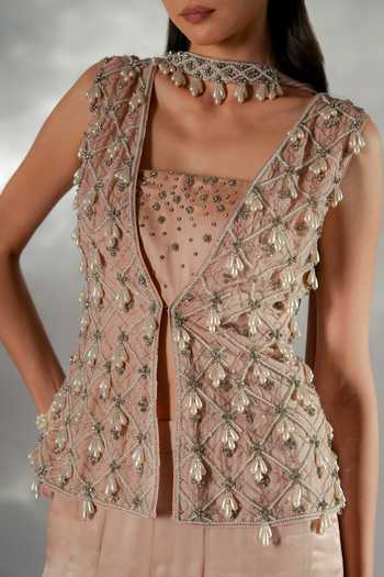 Jade By Ashima_Peach Cotton, Organza, Satin, Shantoon Crysty Embroidered Jacke Kali Sharara Set _at_Aza_Fashions