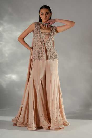Buy_Jade By Ashima_Peach Cotton, Organza, Satin, Shantoon Crysty Embroidered Jacke Kali Sharara Set 