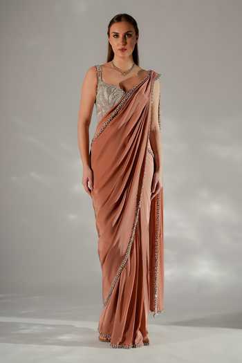 Shop_Jade By Ashima_Silver Cotton, Satin, Shantoon Pearls, Zarina Pre-draped Saree With Corset _Online_at_Aza_Fashions