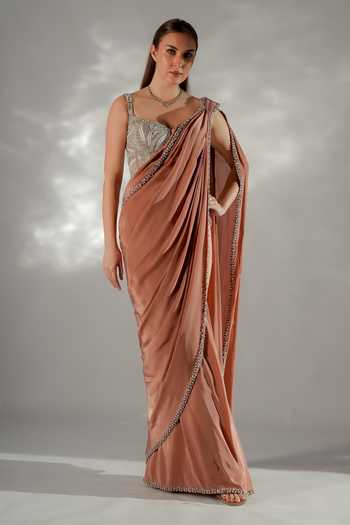 Buy_Jade By Ashima_Silver Cotton, Satin, Shantoon Pearls, Zarina Pre-draped Saree With Corset 