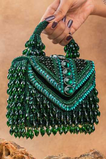 Shop_Nayaab By Sonia_Green Chevron Crystal Kasse Bag _Online_at_Aza_Fashions