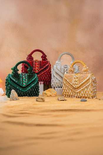 Shop_Nayaab By Sonia_Green Chevron Crystal Kasse Bag 