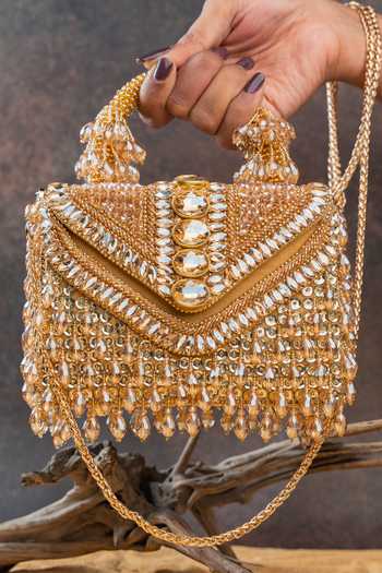 Nayaab By Sonia Chevron Crystal Kasse Gold Bag 