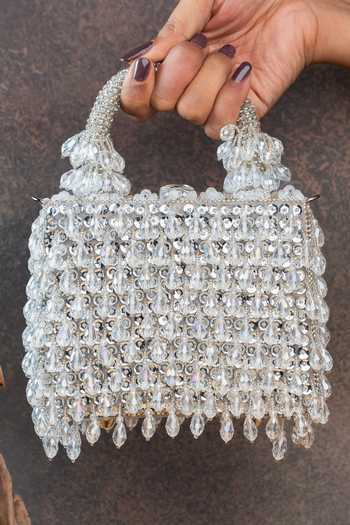 Nayaab By Sonia Chevron Crystal Kasse Silver Bag 