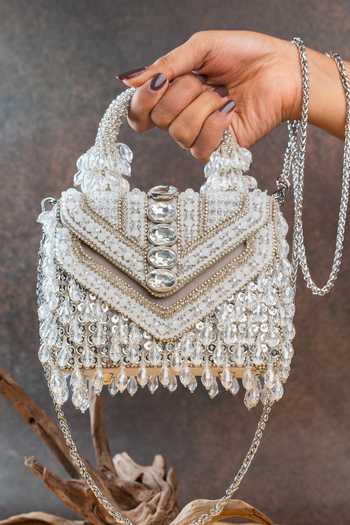 Nayaab By Sonia Chevron Crystal Kasse Silver Bag 