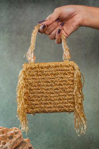 Nayaab By Sonia Weave Fringe Kasse Gold Bag