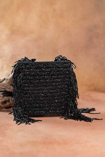 Shop Nayaab By Sonia Black Weave Fringe Kasse Noir Bag Shop_Nayaab By Sonia_Black Weave Fringe Kasse Noir Bag