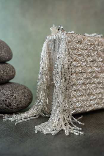 Shop Nayaab By Sonia Silver Weave Fringe Kasse Bag Online at Aza Fashions Shop_Nayaab By Sonia_Silver Weave Fringe Kasse Bag _Online_at_Aza_Fashions
