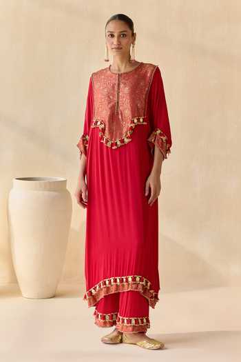 5elements Red Satin, Modal Round Neck Prisha Embellished Kurta Set Online at Aza Fashions 5elements_Red Satin, Modal Round Neck Prisha Embellished Kurta Set _Online_at_Aza_Fashions