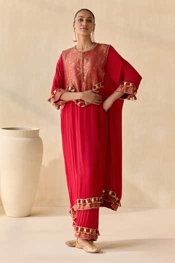 Buy 5elements Red Satin, Modal Round Neck Prisha Embellished Kurta Set Online at Aza Fashions Buy_5elements_Red Satin, Modal Round Neck Prisha Embellished Kurta Set _Online_at_Aza_Fashions