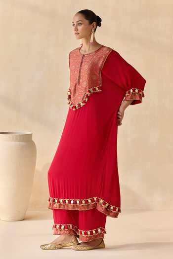 Shop 5elements Red Satin, Modal Round Neck Prisha Embellished Kurta Set Online at Aza Fashions Shop_5elements_Red Satin, Modal Round Neck Prisha Embellished Kurta Set _Online_at_Aza_Fashions
