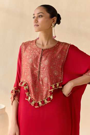 5elements Red Satin, Modal Round Neck Prisha Embellished Kurta Set at Aza Fashions 5elements_Red Satin, Modal Round Neck Prisha Embellished Kurta Set _at_Aza_Fashions