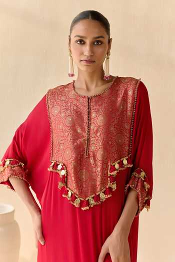 Buy 5elements Red Satin, Modal Round Neck Prisha Embellished Kurta Set Buy_5elements_Red Satin, Modal Round Neck Prisha Embellished Kurta Set