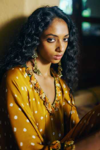5elements_Mustard Modal V-neck Daksha Polka Dot Pattern Kaftan _Online_at_Aza_Fashions