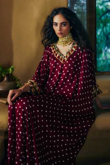 5elements_Wine Modal V-neck Daksha Bandhani Pattern Kaftan _Online_at_Aza_Fashions