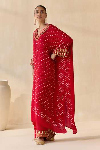 5elements_Red Satin, Modal V-neck Daksha Polka Dot Pattern Kurta Set _Online_at_Aza_Fashions