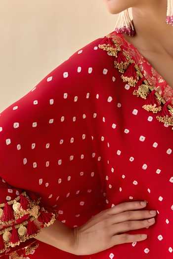 Shop_5elements_Red Satin, Modal V-neck Daksha Polka Dot Pattern Kurta Set _Online_at_Aza_Fashions