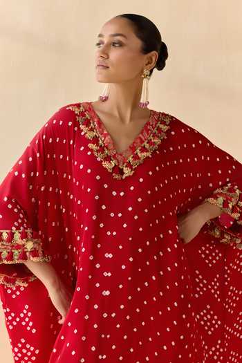 5elements_Red Satin, Modal V-neck Daksha Polka Dot Pattern Kurta Set _at_Aza_Fashions