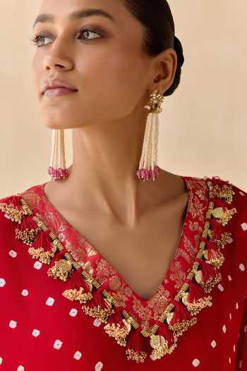 Buy_5elements_Red Satin, Modal V-neck Daksha Polka Dot Pattern Kurta Set 