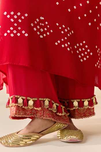 Shop_5elements_Red Satin, Modal V-neck Daksha Polka Dot Pattern Kurta Set 