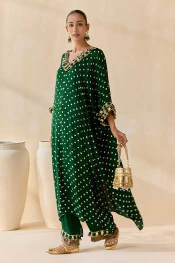 5elements_Green Satin, Modal V-neck Daksha Polka Dot Pattern Kurta Set _Online_at_Aza_Fashions