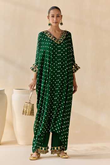 Buy_5elements_Green Satin, Modal V-neck Daksha Polka Dot Pattern Kurta Set _Online_at_Aza_Fashions