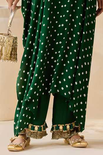 Shop_5elements_Green Satin, Modal V-neck Daksha Polka Dot Pattern Kurta Set _Online_at_Aza_Fashions