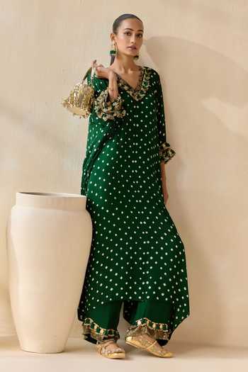 5elements_Green Satin, Modal V-neck Daksha Polka Dot Pattern Kurta Set _at_Aza_Fashions