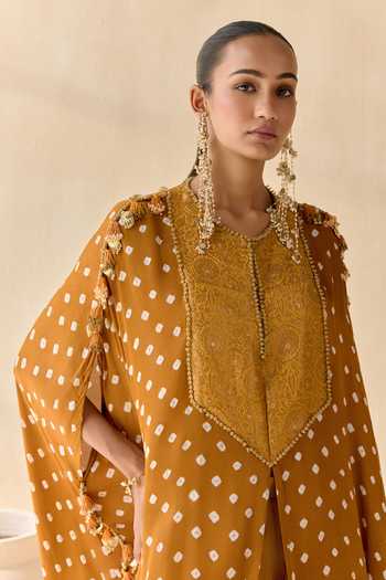 5elements_Mustard Satin, Modal Round Neck Ayantika Bandhani Inspired Kurta Set _Online_at_Aza_Fashions