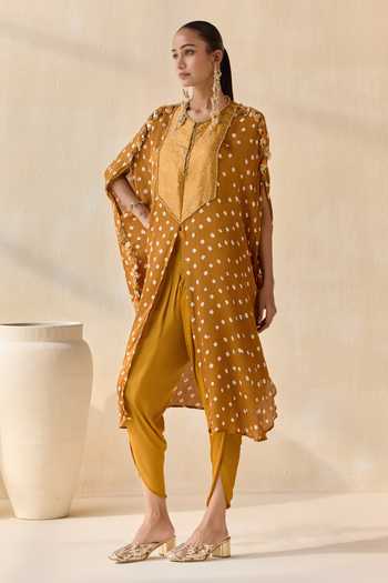 Shop_5elements_Mustard Satin, Modal Round Neck Ayantika Bandhani Inspired Kurta Set _Online_at_Aza_Fashions