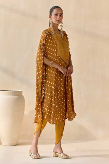 5elements_Mustard Satin, Modal Round Neck Ayantika Bandhani Inspired Kurta Set _at_Aza_Fashions