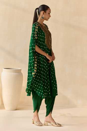 5elements_Green Satin, Modal Round Neck Ayantika Bandhani Kurta Set _Online_at_Aza_Fashions