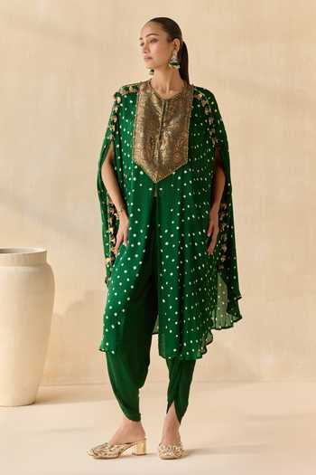Shop_5elements_Green Satin, Modal Round Neck Ayantika Bandhani Kurta Set _Online_at_Aza_Fashions