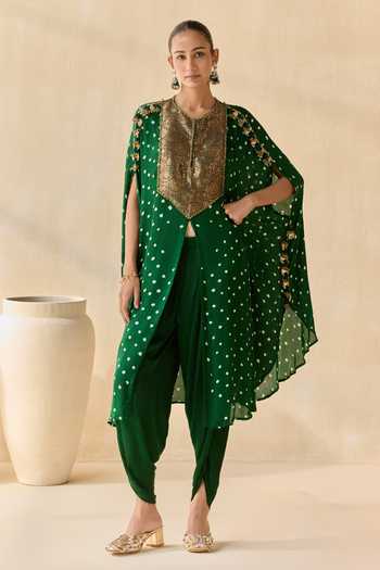 Buy_5elements_Green Satin, Modal Round Neck Ayantika Bandhani Kurta Set 