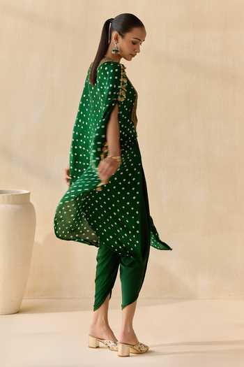 Shop_5elements_Green Satin, Modal Round Neck Ayantika Bandhani Kurta Set 
