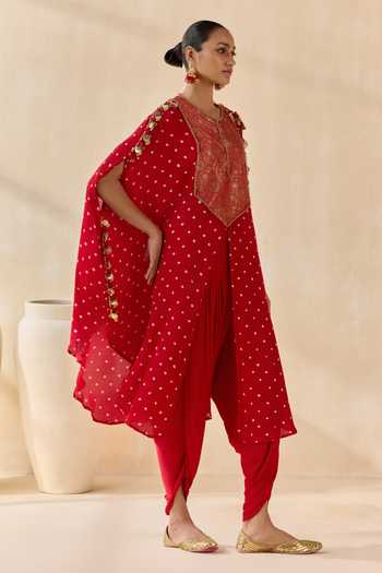 5elements Red Satin, Modal Round Neck, Yes Ayantika Bandhani Kurta And Dhoti Pant Set Online at Aza Fashions 5elements_Red Satin, Modal Round Neck, Yes Ayantika Bandhani Kurta And Dhoti Pant Set _Online_at_Aza_Fashions
