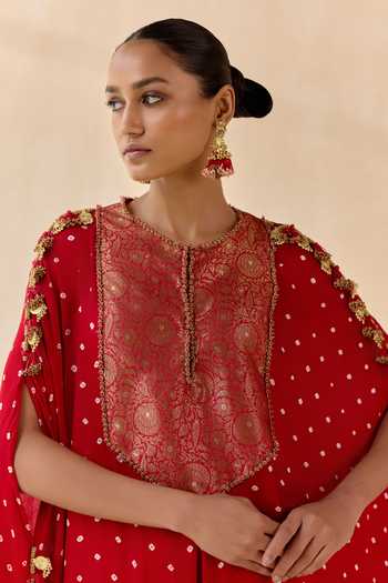 Shop 5elements Red Satin, Modal Round Neck, Yes Ayantika Bandhani Kurta And Dhoti Pant Set Online at Aza Fashions Shop_5elements_Red Satin, Modal Round Neck, Yes Ayantika Bandhani Kurta And Dhoti Pant Set _Online_at_Aza_Fashions
