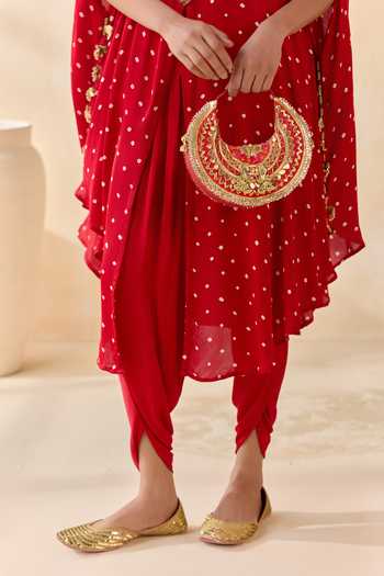 5elements Red Satin, Modal Round Neck, Yes Ayantika Bandhani Kurta And Dhoti Pant Set at Aza Fashions 5elements_Red Satin, Modal Round Neck, Yes Ayantika Bandhani Kurta And Dhoti Pant Set _at_Aza_Fashions