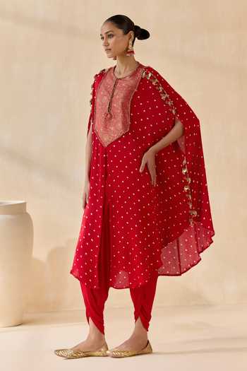 Buy 5elements Red Satin, Modal Round Neck, Yes Ayantika Bandhani Kurta And Dhoti Pant Set Buy_5elements_Red Satin, Modal Round Neck, Yes Ayantika Bandhani Kurta And Dhoti Pant Set