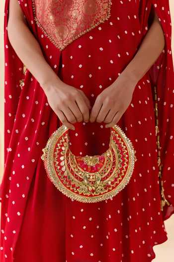 Shop 5elements Red Satin, Modal Round Neck, Yes Ayantika Bandhani Kurta And Dhoti Pant Set Shop_5elements_Red Satin, Modal Round Neck, Yes Ayantika Bandhani Kurta And Dhoti Pant Set