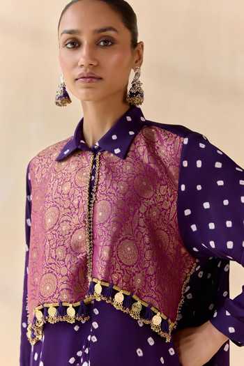 5elements Purple Satin, Modal Collared Neck Pavitra Bandhani Pattern Kurta Set Online at Aza Fashions 5elements_Purple Satin, Modal Collared Neck Pavitra Bandhani Pattern Kurta Set _Online_at_Aza_Fashions