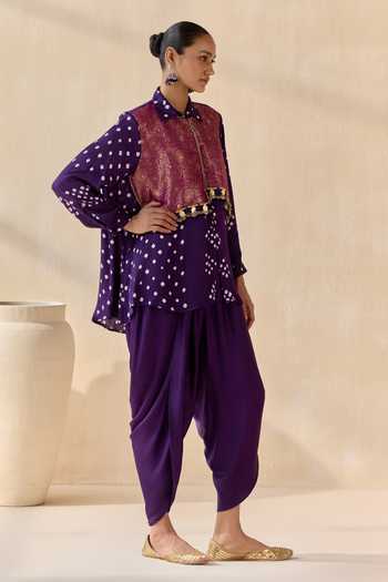 Shop 5elements Purple Satin, Modal Collared Neck Pavitra Bandhani Pattern Kurta Set Online at Aza Fashions Shop_5elements_Purple Satin, Modal Collared Neck Pavitra Bandhani Pattern Kurta Set _Online_at_Aza_Fashions