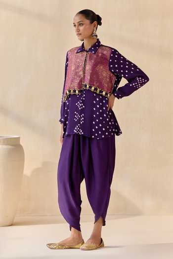 Buy 5elements Purple Satin, Modal Collared Neck Pavitra Bandhani Pattern Kurta Set Buy_5elements_Purple Satin, Modal Collared Neck Pavitra Bandhani Pattern Kurta Set