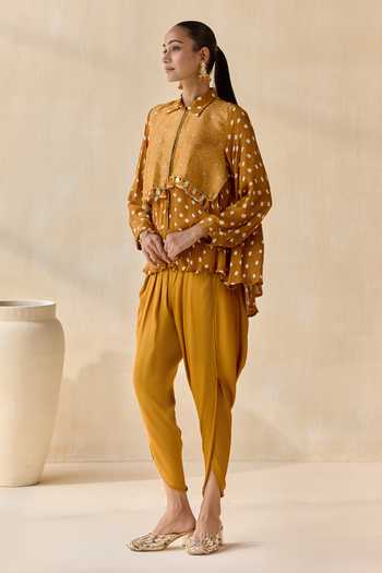 5elements_Mustard Satin, Modal Collared Neck Pavitra Bandhani Pattern Kurta Set _Online_at_Aza_Fashions