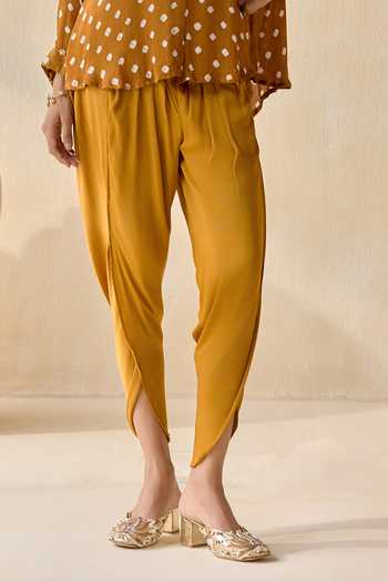 Buy_5elements_Mustard Satin, Modal Collared Neck Pavitra Bandhani Pattern Kurta Set _Online_at_Aza_Fashions
