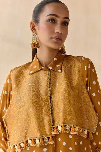 Shop_5elements_Mustard Satin, Modal Collared Neck Pavitra Bandhani Pattern Kurta Set _Online_at_Aza_Fashions