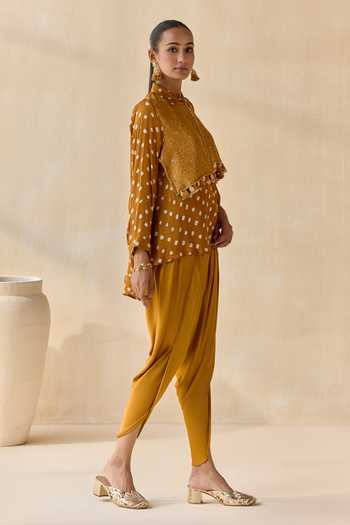 5elements_Mustard Satin, Modal Collared Neck Pavitra Bandhani Pattern Kurta Set _at_Aza_Fashions