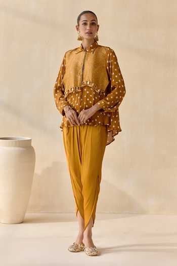 Buy_5elements_Mustard Satin, Modal Collared Neck Pavitra Bandhani Pattern Kurta Set 